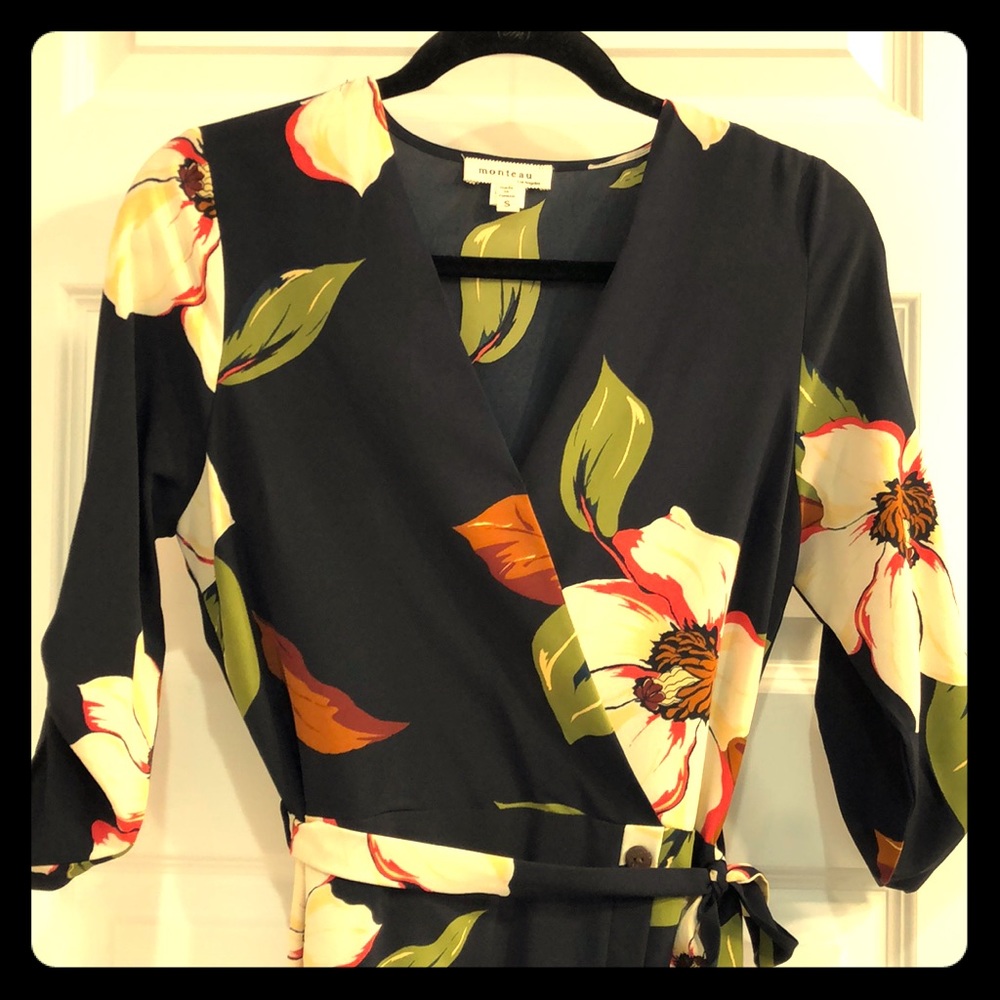 Monteau Navy Floral Faux Wrap Dress